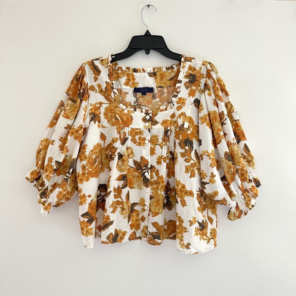 Womens Floral Linen Blend Puff Sleeve Top Medium Square Neck Blouse Peasant Boho